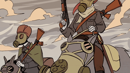 a cartoon drawing of two men wearing gas masks
