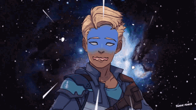 a drawing of a man with a blue face and the words shade force written on the bottom