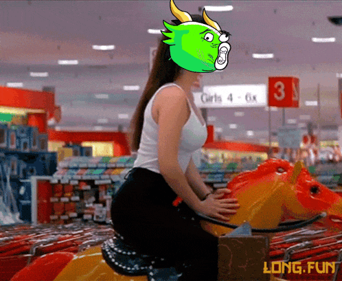 a woman is riding a rocking horse in a store with a sign that says girls 4- 6x
