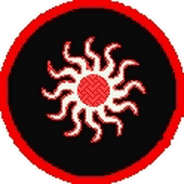 a red circle with a white sun in the middle