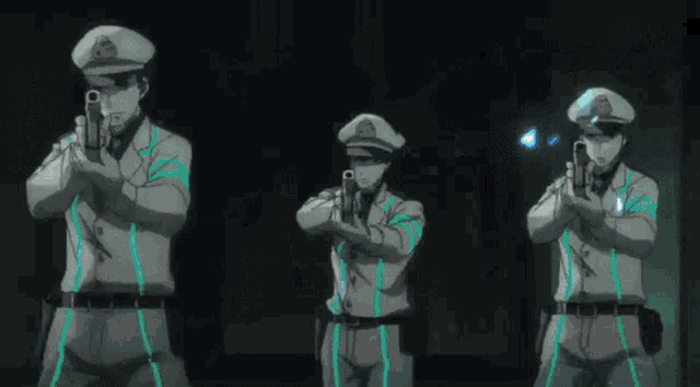 a group of police officers are standing next to each other and holding guns .