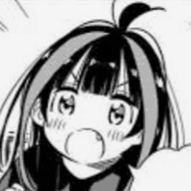 a black and white drawing of a girl with long hair making a face .