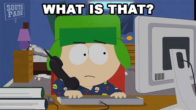 a cartoon character sitting in front of a computer with the words " what is that " below him