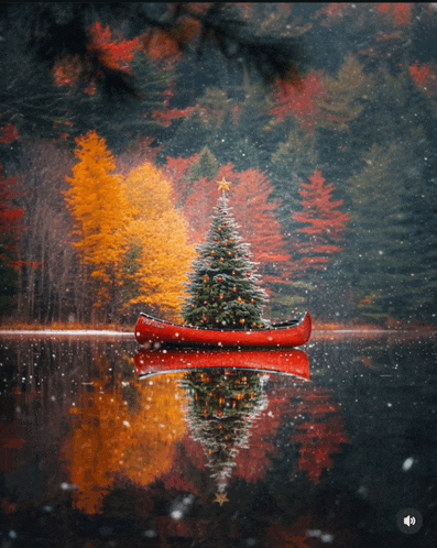 a red canoe with a christmas tree in the middle of the lake
