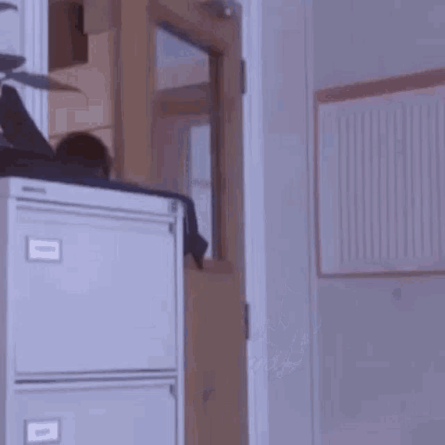a person is peeking out of a door in a room with a filing cabinet .