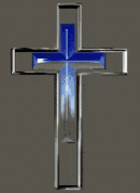 a silver cross with a blue cross in the middle on a gray background