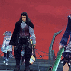 a man holding a sword stands next to a woman in a blue dress