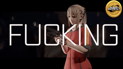 a woman holding a gun with the word fucking behind her