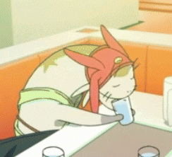 a cartoon cat wearing a red bunny hat is holding a cup of water