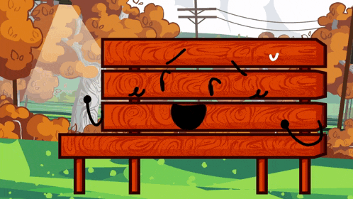 a cartoon illustration of a wooden bench with a face