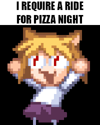 a pixel art of a girl with the words " i require a ride for pizza night " above her