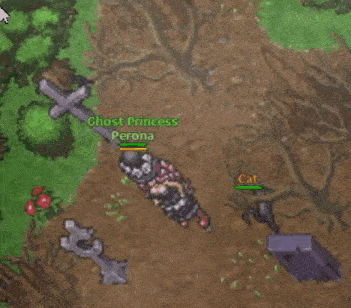 a person is holding a cross in a video game while a cat is standing next to them .