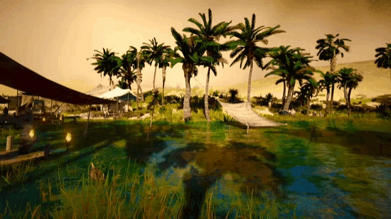 a painting of a tropical landscape with palm trees and a river