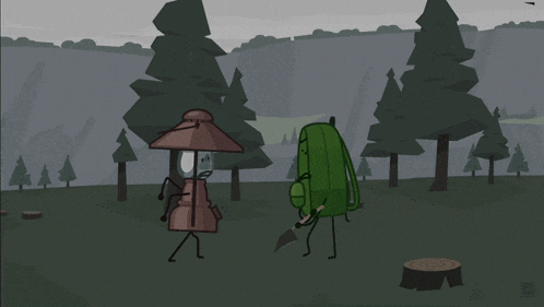 a cartoon drawing of a lantern and a backpack in a forest