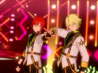 two anime characters are standing next to each other on a stage in front of a colorful background .