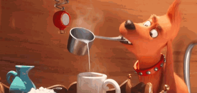 a cartoon dog is pouring milk into a mug