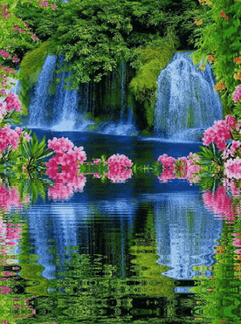 a waterfall is reflected in the water with pink flowers in the foreground