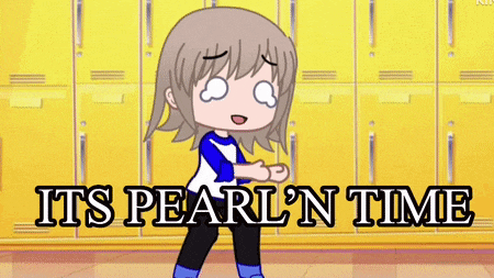 a girl in a blue shirt is standing in front of yellow lockers with the words `` its pearl 'n time ''