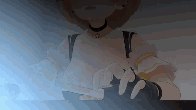 a girl with a star on her neck is holding something