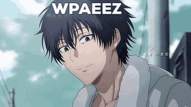 a close up of a anime character with the words wpaeez on the bottom