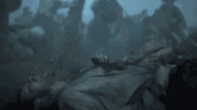 a man with a beard is standing in a crowd of people holding swords in a foggy field .