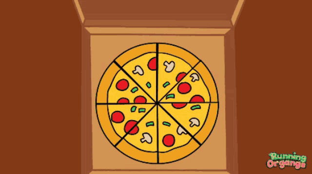 a cartoon drawing of a pizza in a box with running organge written on the bottom