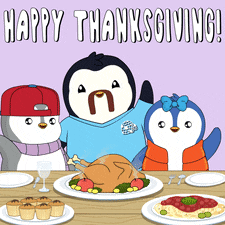 three penguins are sitting around a table with plates of food and the words happy thanksgiving