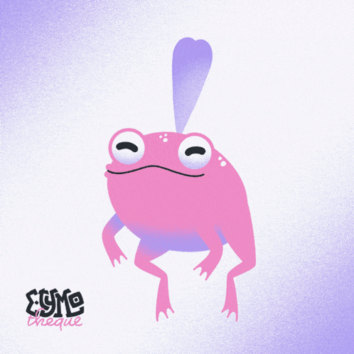 a pink frog with purple wings is on a purple background with the words eme cheque on the bottom