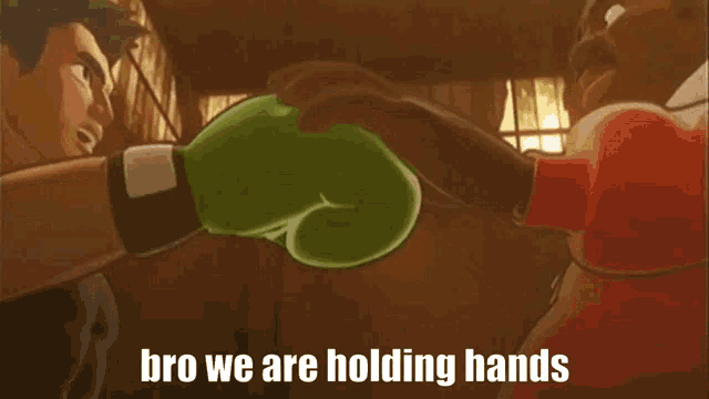a cartoon of two men shaking hands with the words bro we are holding hands