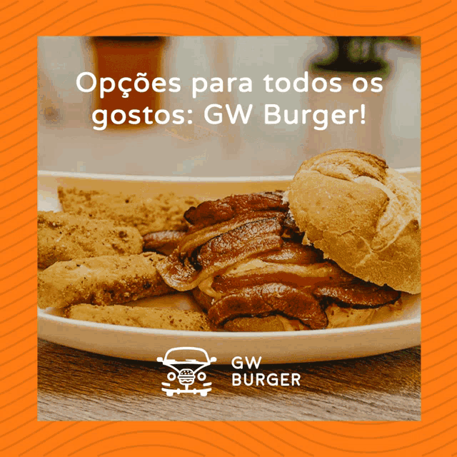 an advertisement for gw burger shows a plate of food on a wooden table