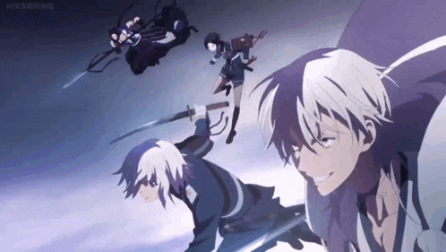 a group of anime characters are fighting with swords and one of them is holding a sword