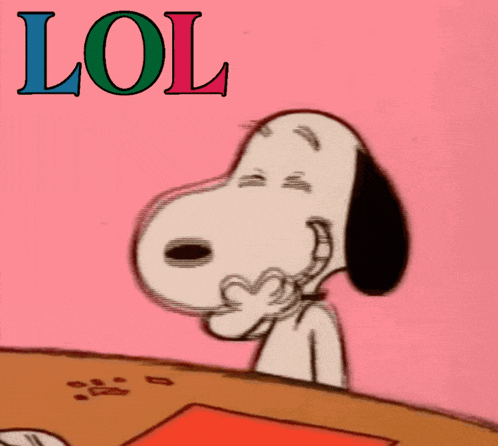 a cartoon of snoopy sitting at a table with the word lol written above him