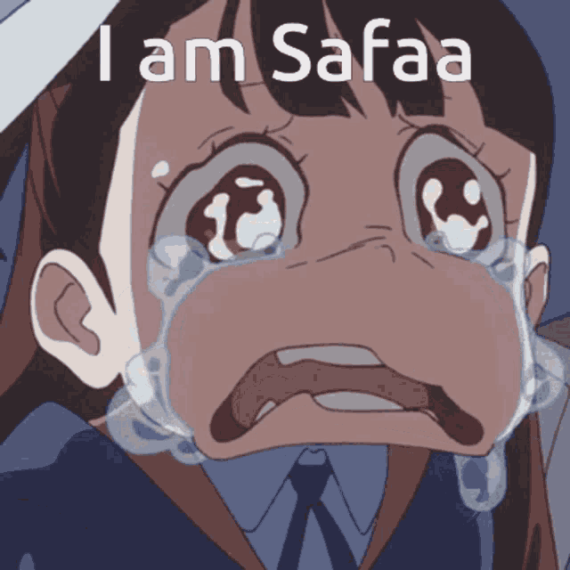 a cartoon girl is crying with the words " i am safaa " below her