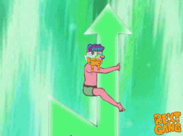 a cartoon of a man holding up a green arrow with the words rest gang written below him