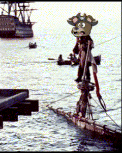 a cartoon character is standing on a raft in the ocean