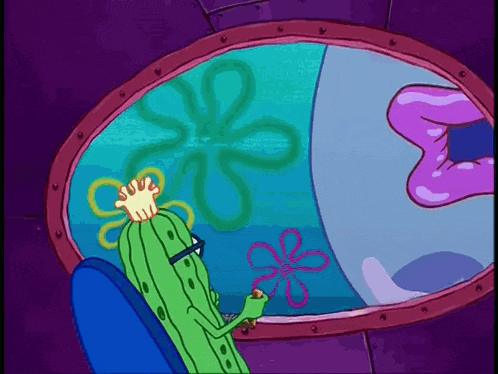 a cartoon character is looking out a window at spongebob and patrick