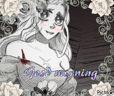 a black and white drawing of a girl with roses and the words good morning