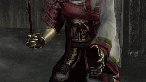 a samurai holding a sword and a spear in his hands