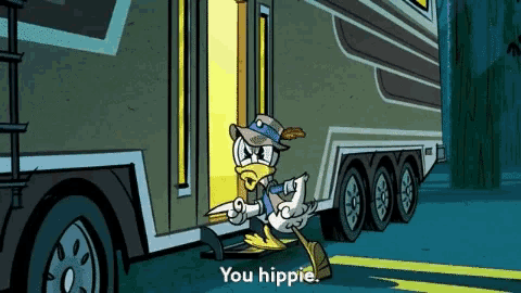 a cartoon character says you hippie while standing next to a trailer