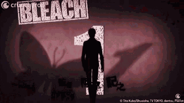 a man is standing in front of a bleach logo