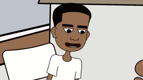 a cartoon of a boy sitting in a bed with his mouth open