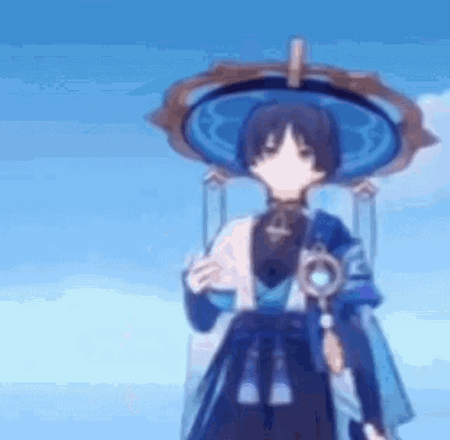 a person in a blue hat is standing in front of a blue sky holding an umbrella .