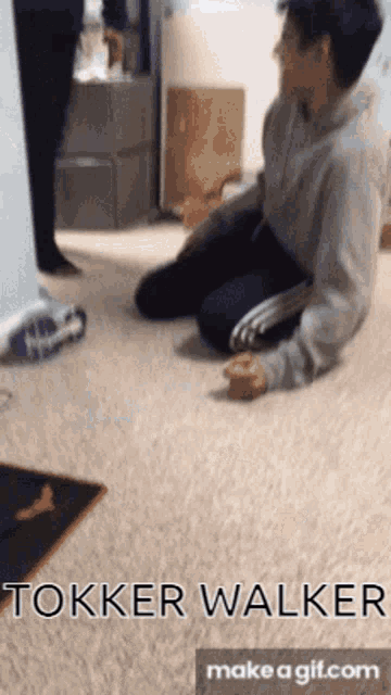 a man is kneeling on the floor with the words " tokker walker " written on the bottom
