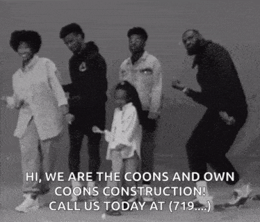 a black and white photo of a family with the caption " hi we are the coons and own coons construction call us today