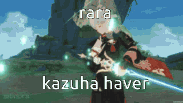 a video game character is holding a sword and says kazuha haver on the bottom