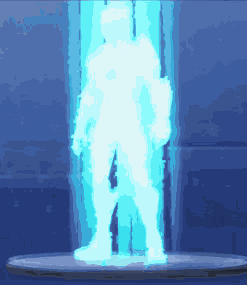 a man is standing in front of a blue wall with a glowing silhouette coming out of it .