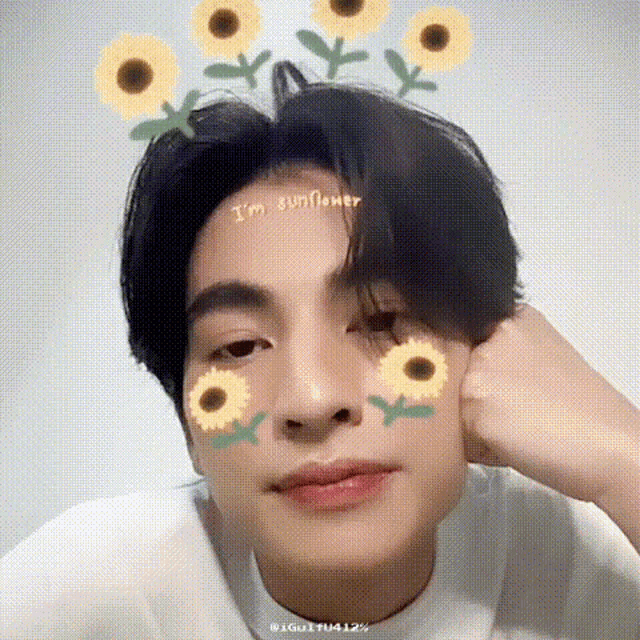 a young man with sunflowers painted on his face is looking at the camera .