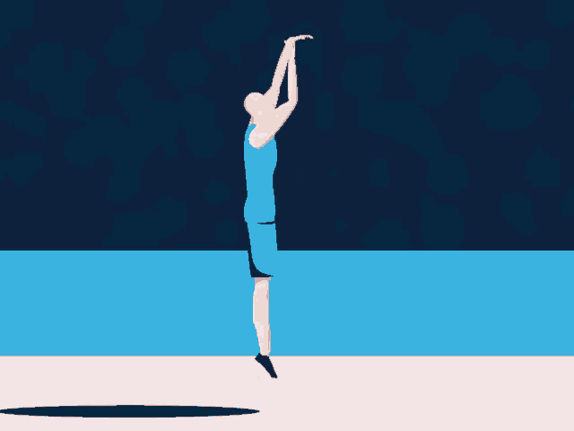 a man in a blue shirt and shorts is jumping to catch a ball .