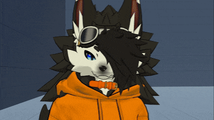 a black and white furry character wearing a hoodie and goggles