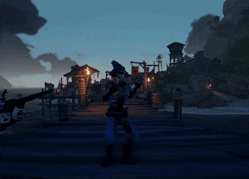 a man in a pirate costume is standing on a dock